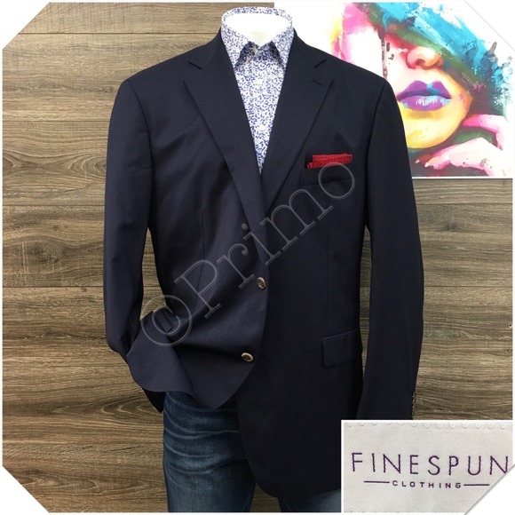 FINESPUN‎ Mens Navy Blazer Sport Coat Casual Jacket 50L Essential Wool Suit